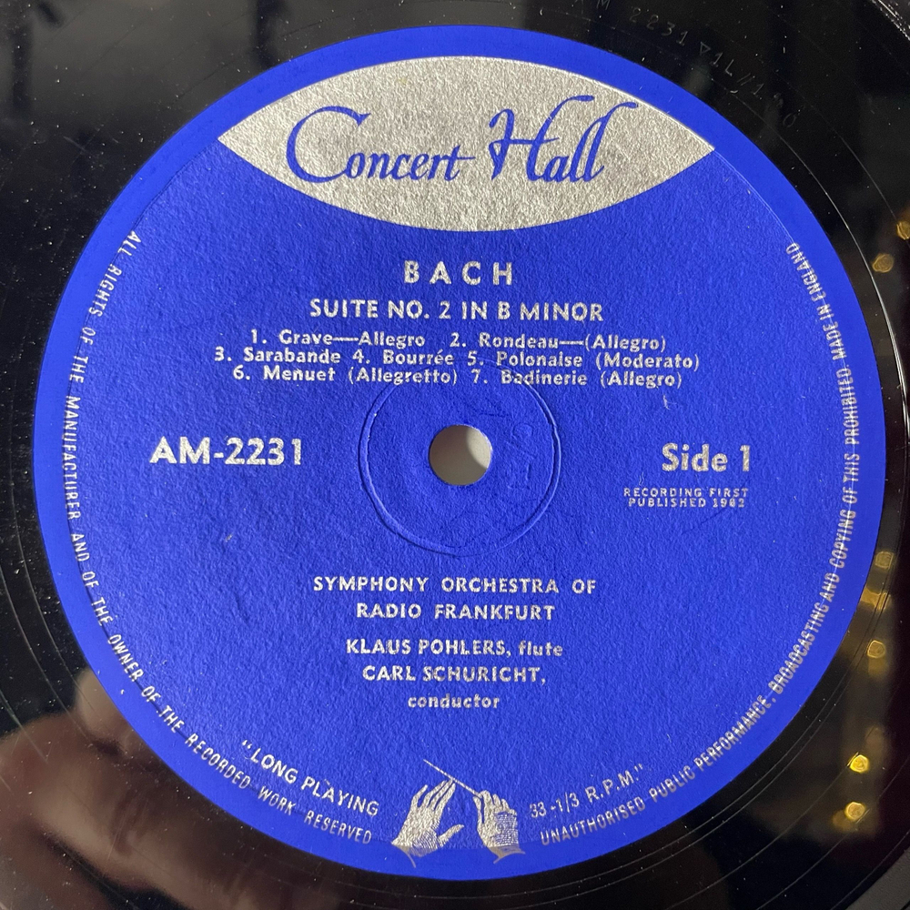 Винтажная виниловая пластинка LP J. S. Bach Бах, Symphonie-Orchester Radio Frankfurt, Suites For Orchestra, No. 2 In B-Minor With Solo Flute. No. 3 In D Major (Германия 1962)