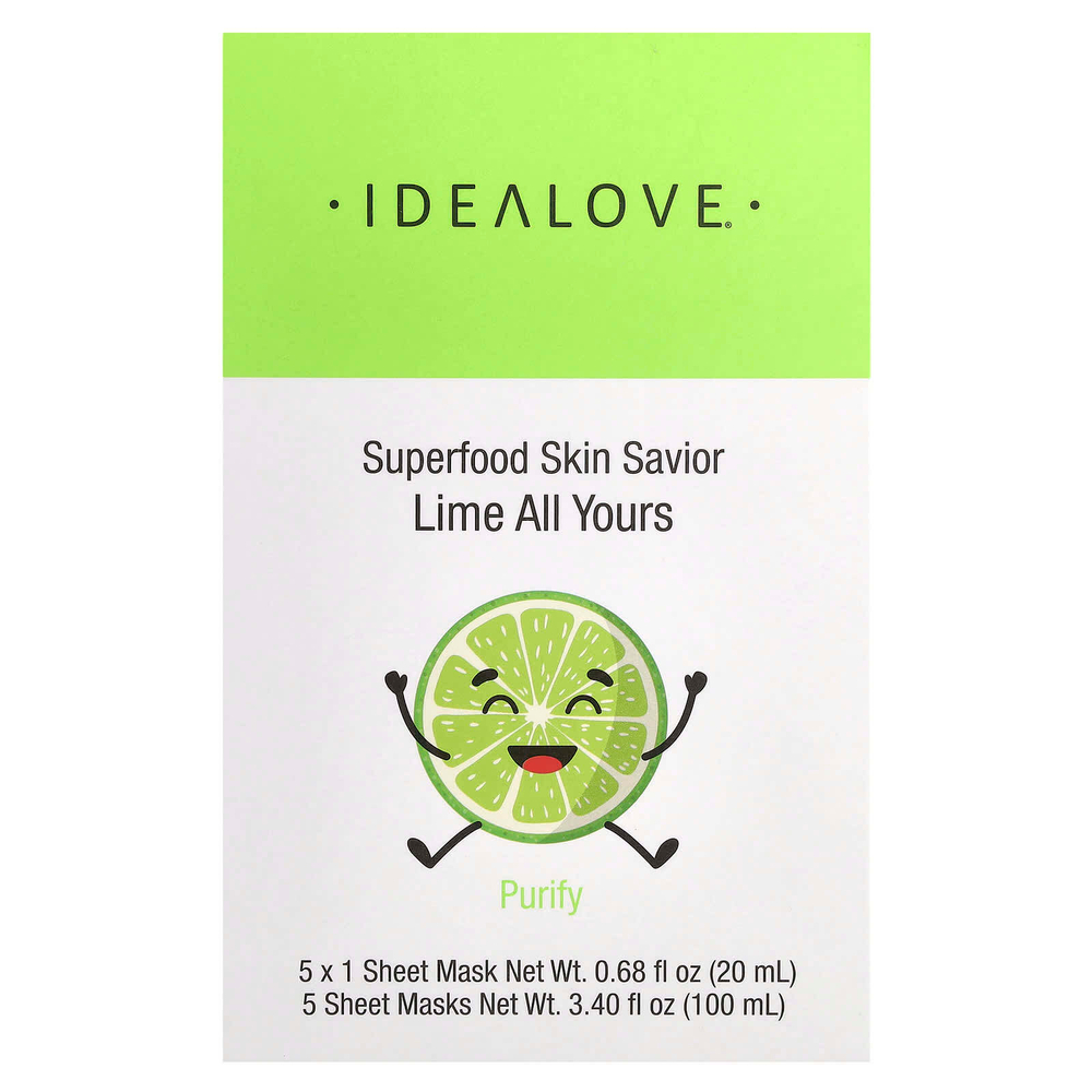 Idealove, Superfood Skin Savior, маска с суперфудами, лайм, 5 шт. по 20 мл (0,68 жидк. унции)