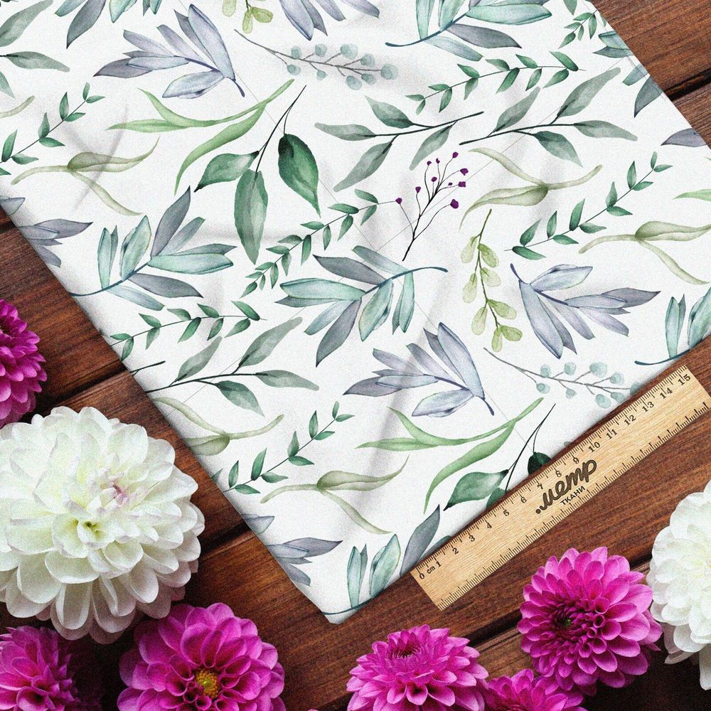 Ткань сатин зеленые акварельные листочки