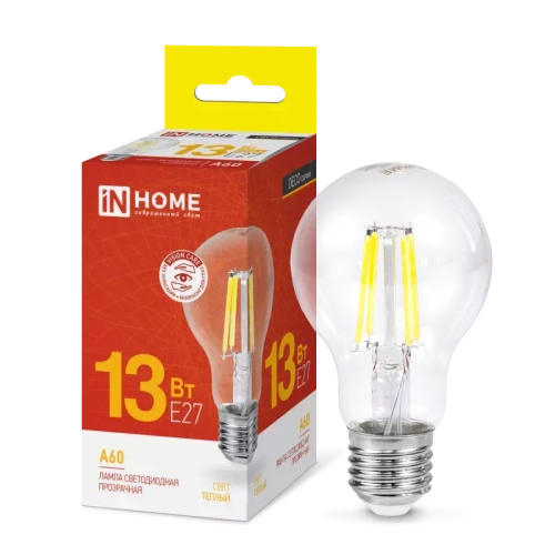 Лампа светодиодная LED-A60-deco 13Вт 230В Е27 3000К ТЕПЛЫЙ 1370Лм прозрачная IN HOME