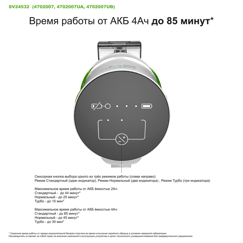 Пылесос вертикальный акк. Greenworks SV24532, 24V, б/щет, 350 Вт, 21 кПа, электрощетка, 3 насадки, LED, белый+зеленый, 1х4Ач и ЗУ (4702007UB)