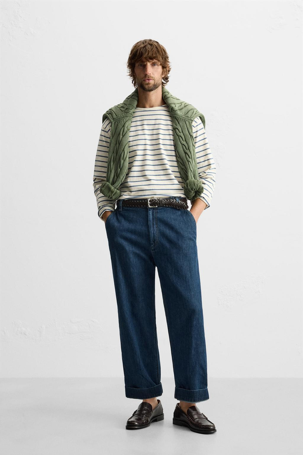 ZARA ЖАККАРДОВАЯ ФУТБОЛКА В ПОЛОСКУ, ЭКРЮ/СИНИЙ