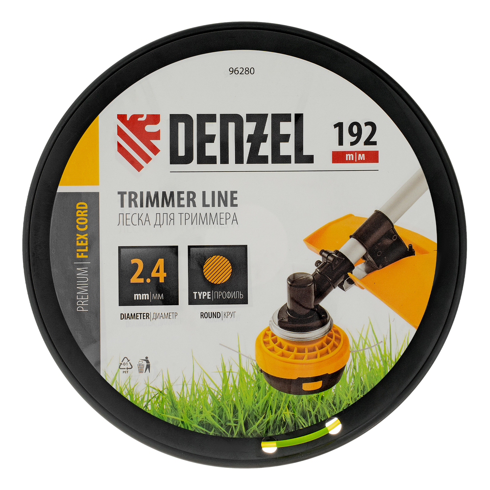 Леска для триммера круглая, 2,4мм х 192м, на DIN катушке FLEX CORD Denzel