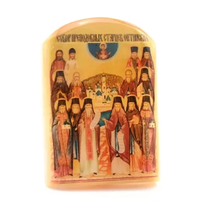Икона из селенита "Собор Преподобных Оптинских Старцев" арка большая, 50*30*65 мм