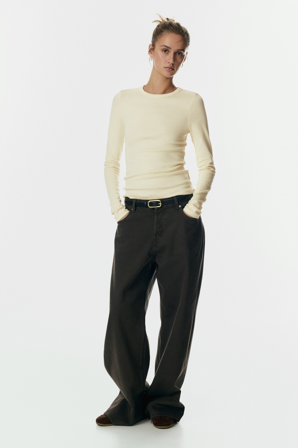 H&M Футболка с длинными рукавами из трикотажа, светло-желтый