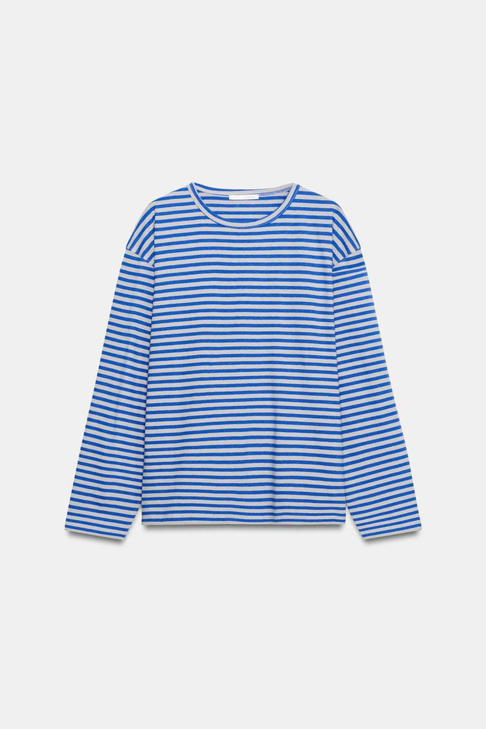 ZARA ФУТБОЛКА В ПОЛОСКУ ИЗ ХЛОПКА И ЛЬНА, СЕРЫЙ/СИНИЙ