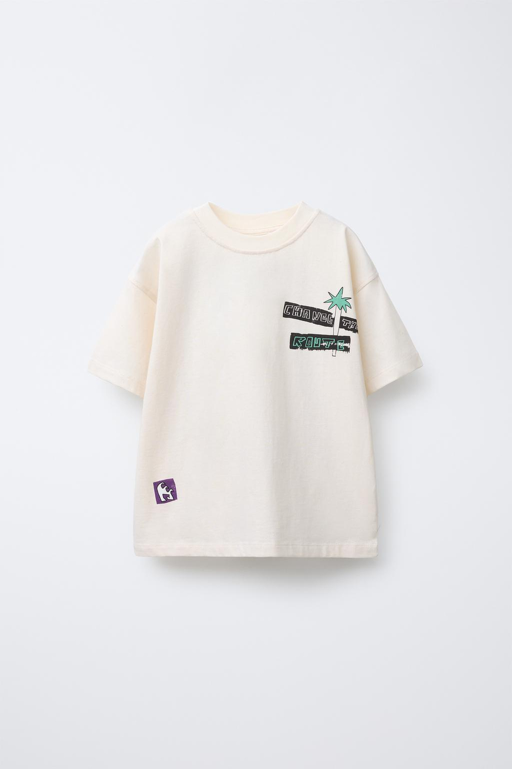 ZARA ФУТБОЛКА С ПРИНТОМ «ПАЛЬМА И СЕРФИНГ», ЭКРЮ