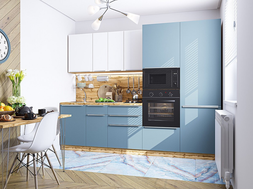 Прямая модульная кухня Фьюжн-07 Silky White/Silky Blue - Дуб Вотан 2140*2700*600