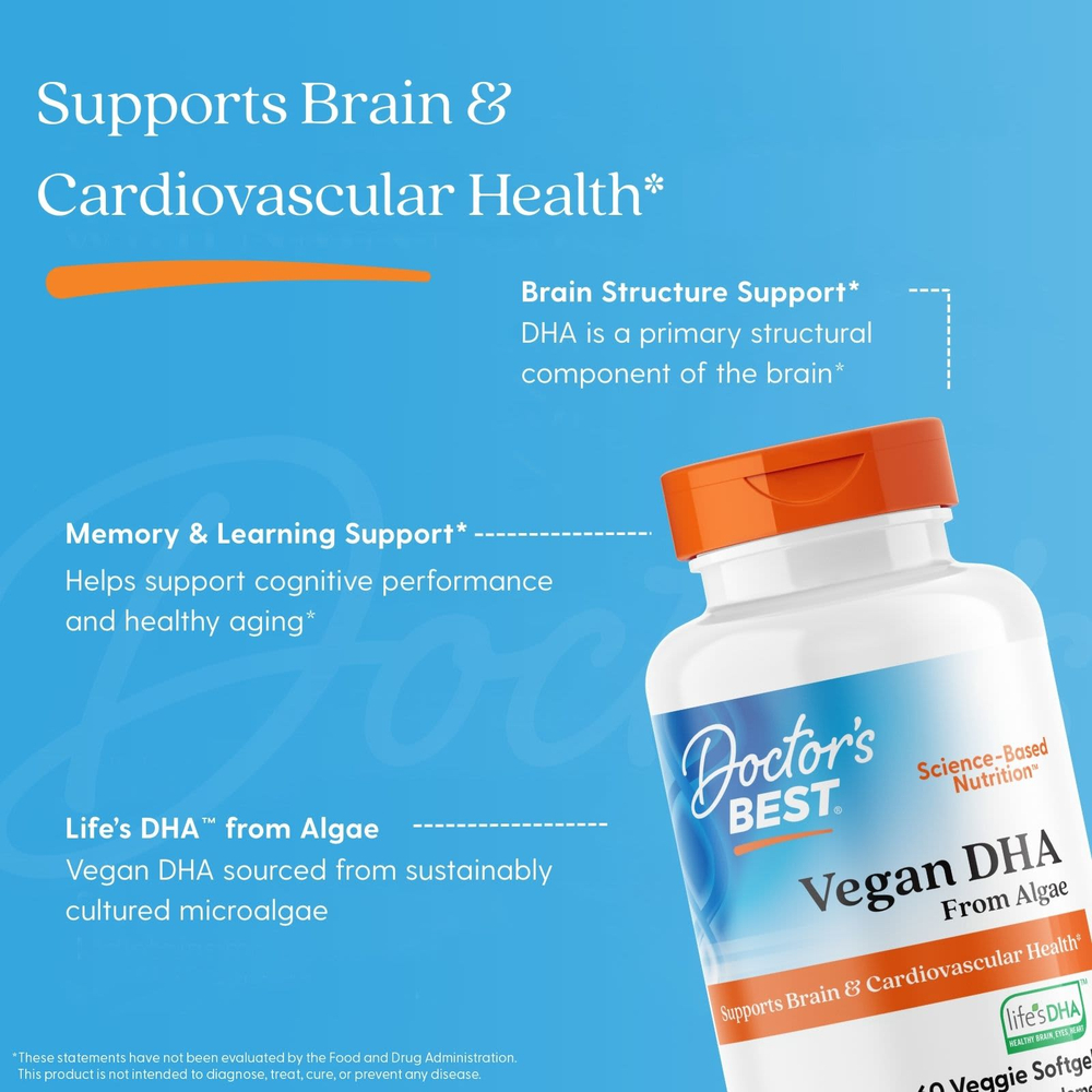 Doctor's Best, веганская ДГК из водорослей с Life's DHA™, 200 мг, 60 растительных капсул