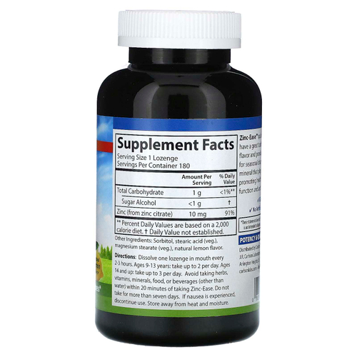 Carlson, Zinc-Ease, успокаивающая пастилка, натуральный лимон, 180 пастилок (10 мг в каждой пастилке)