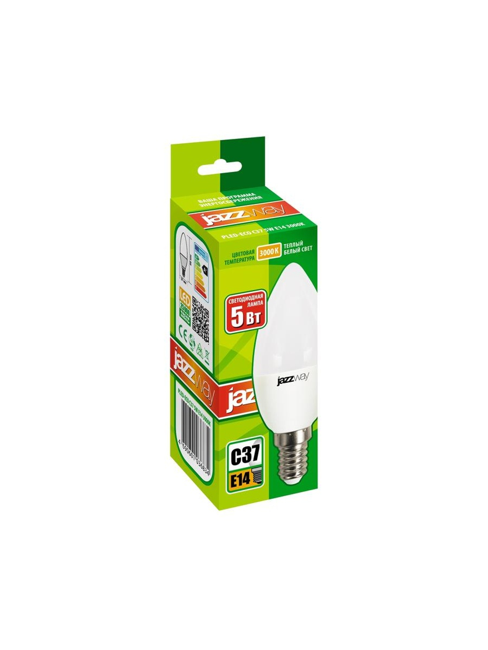 Лампа светодиодная PLED-ECO 5Вт C37 свеча матовая 3000К тепл. бел. E14 400лм 230В 50Гц JazzWay 1036834A