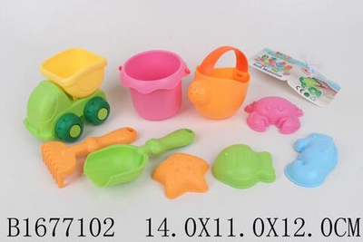 Набор для игры в песок 9 предметов: Самосвал, ведро, лейка, совок, грабли, 4 формочки, сетка 868-8