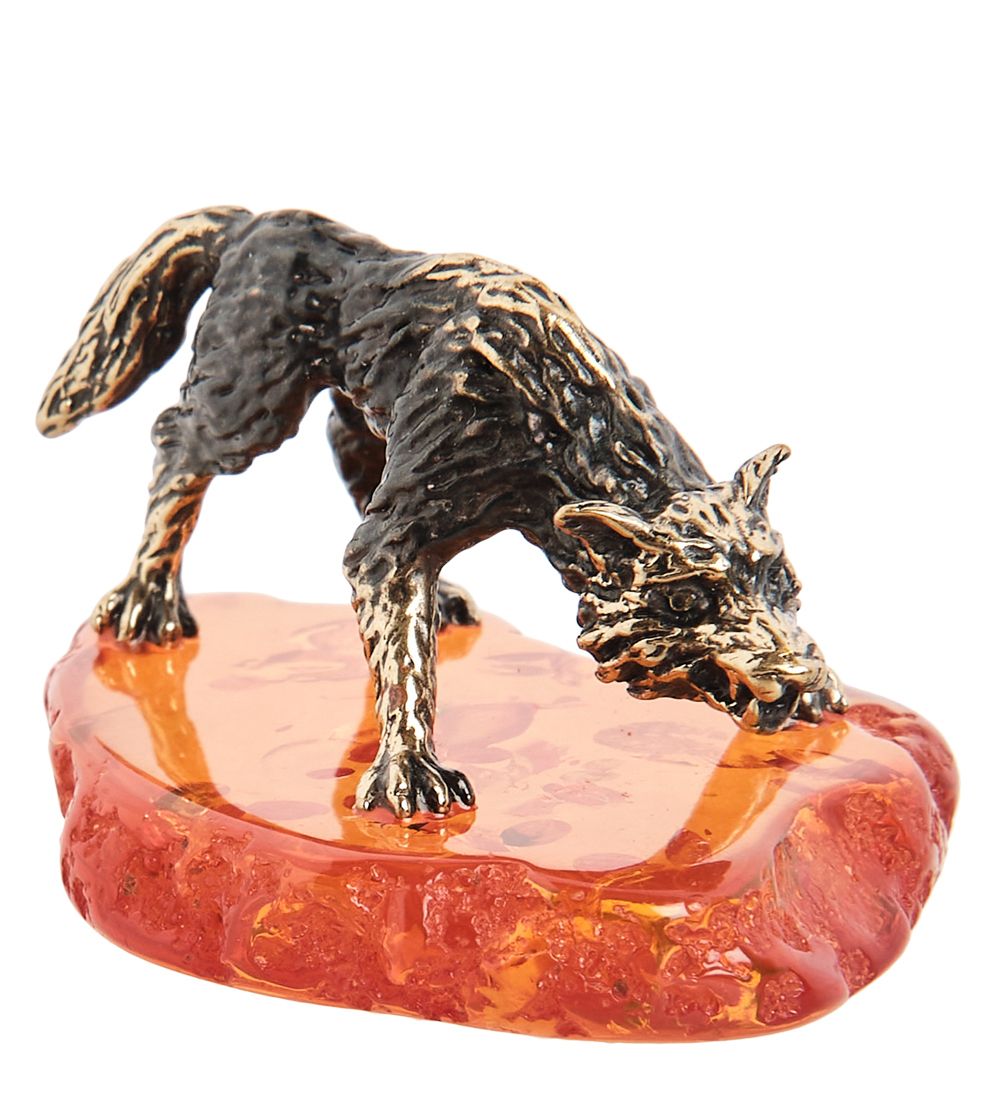 AM-1502 Фигурка «Волк на охоте» мал. (латунь, янтарь)