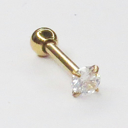 Микроштанга ( 8мм) для пирсинга уха с белым кристаллом 3 мм. Медицинская сталь, золотое покрытие. 1 шт.