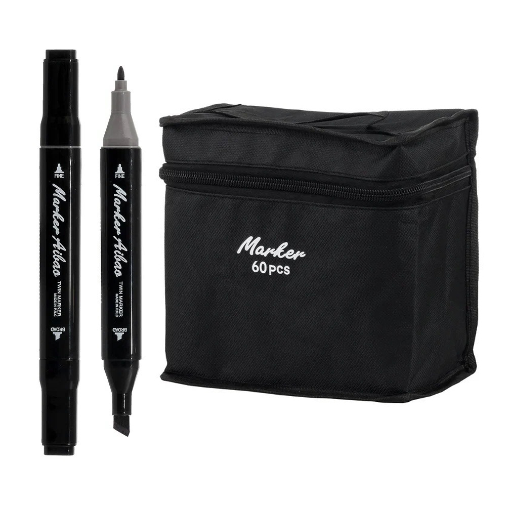 Маркер для скетчинга, двусторонние, Basir, четырехгранные, спиртовые, 60 шт