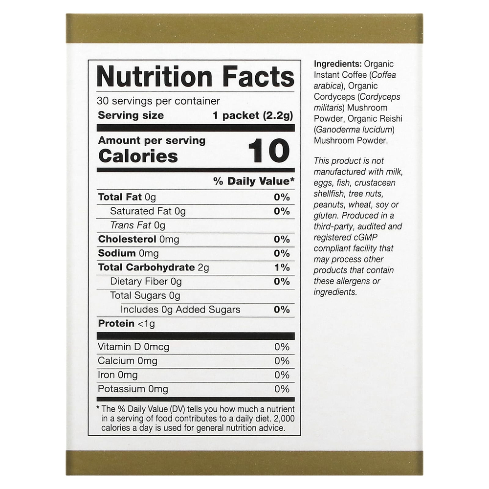 California Gold Nutrition, CafeCeps, сертифицированный органический растворимый кофе с порошком из грибов кордицепс и рейши, 30 пакетиков по 2,2 г (0,08 унции)