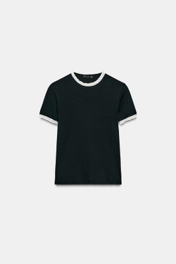ZARA ФУТБОЛКА С КОРОТКИМИ РУКАВАМИ И КРУЖЕВОМ, ЧЕРНЫЙ/БЕЛЫЙ