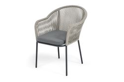 "Лион" стул плетеный из роупа, каркас из стали темно-серый (RAL7024) муар, роуп серый меланж круглый, ткань серая 017