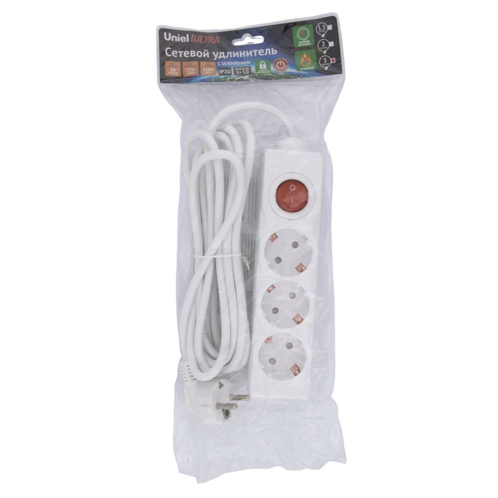 S-GCU3-3B WHITE Удлинитель серии Ultra. шнур 3м.. 3 гнезда. 16A. с-з. Белый. TM Uniel