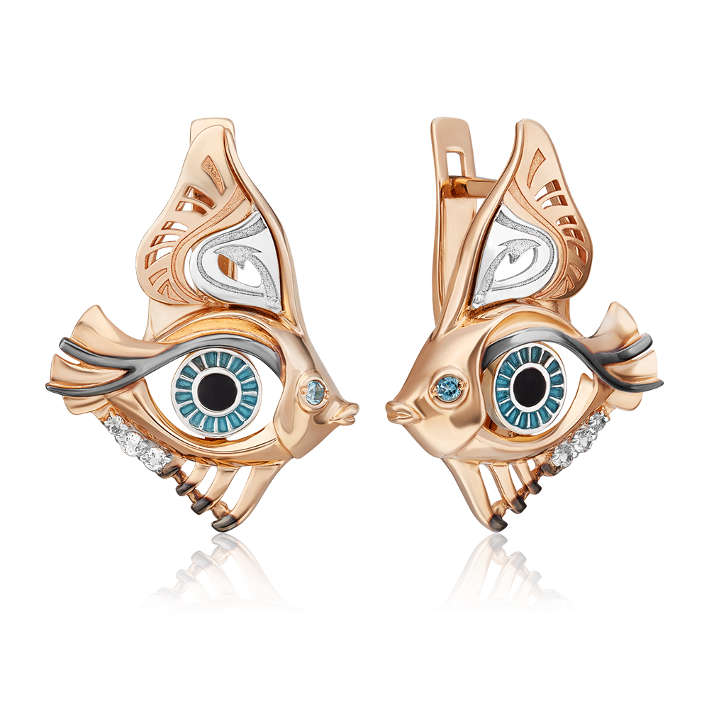 Серьги «Взгляд на время» с английским замком из комбинированного золота с топазом, натуральными топазами white и эмалью