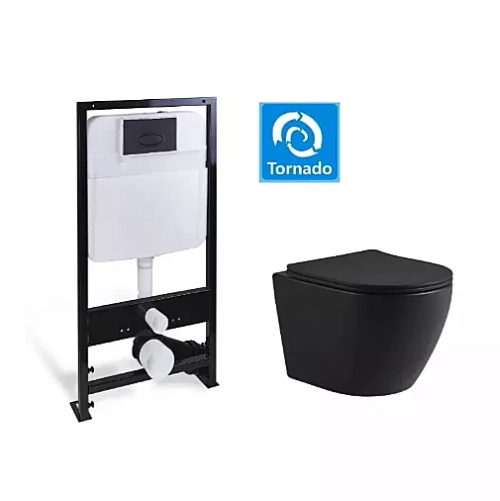 Унитаз SantiLine SL-5025MB+SL-03 безободковый, с инсталляцией, с крышкой микролифт, черный матовый/кнопка черная матовая