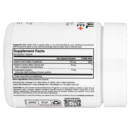 Codeage, Липосомальный витамин E +, смесь токоферолов, 90 капсул