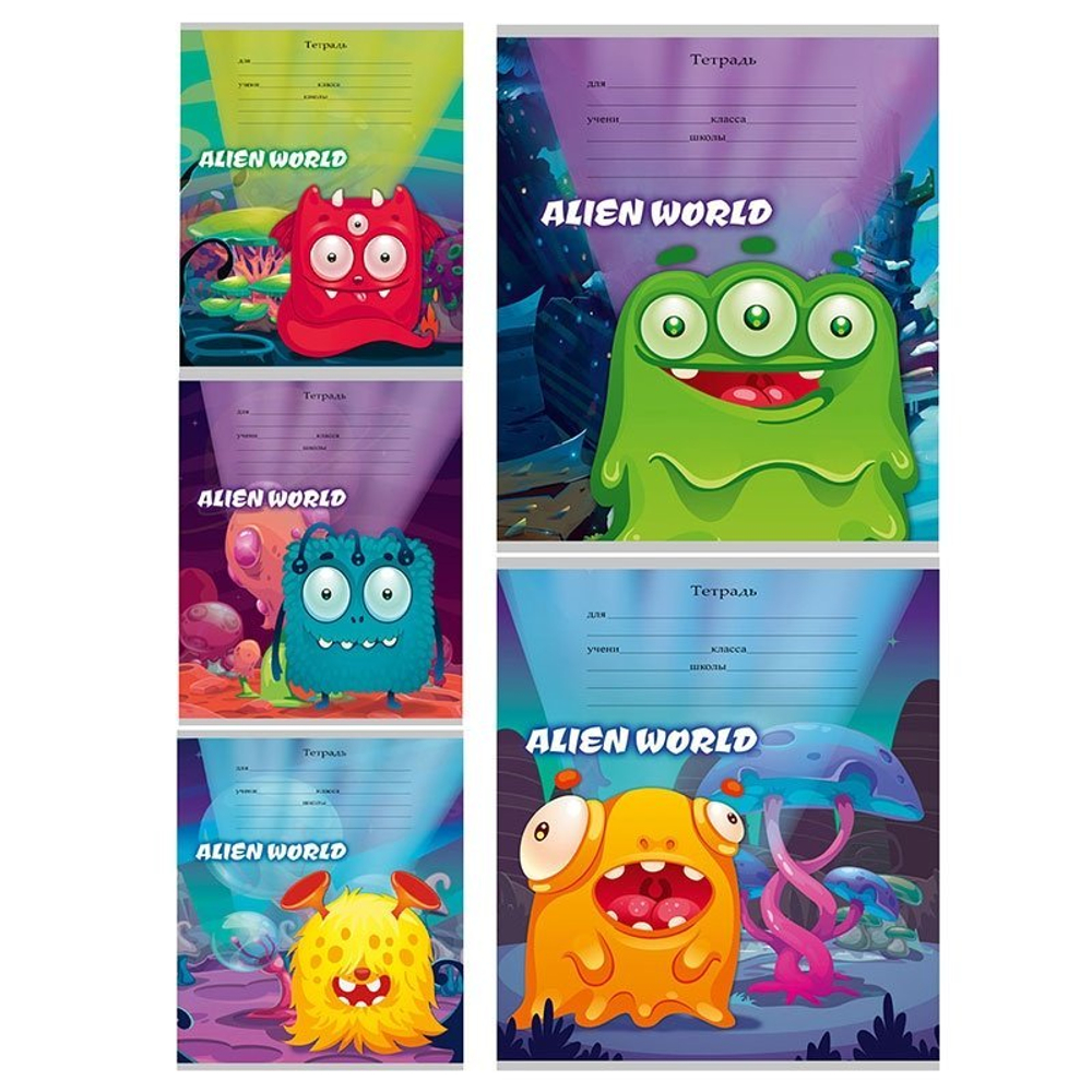 Тетрадь 12л., линия, Проф-Пресс, скрепка, мелованная обложка, "Милые монстрики-1", 5 дизайнов в спайке