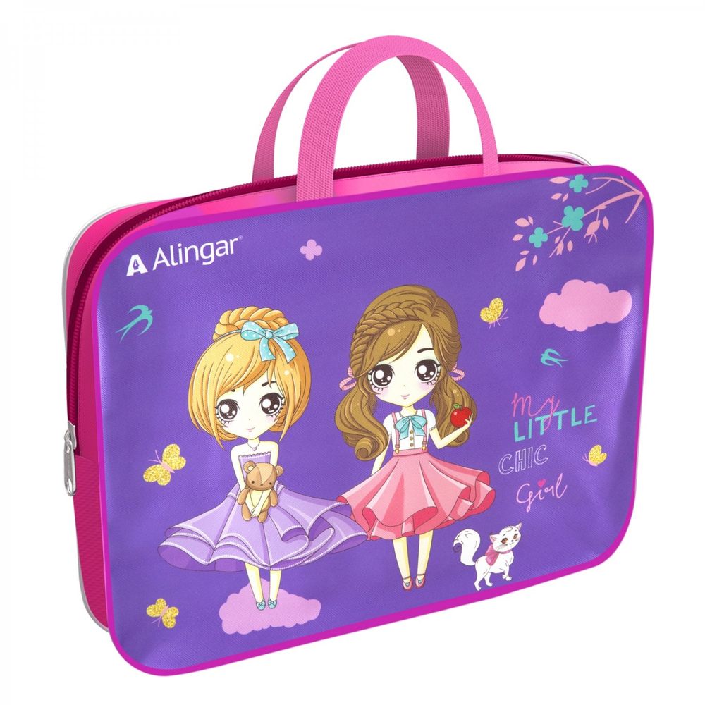 Папка с ручками 1 отделение, А4 260х340х80 мм, Alingar, ПВХ, ручки тесьма, дизайн с одной стороны, молния сверху, внутр. карман, "Модницы"