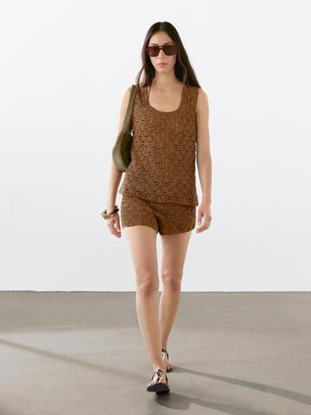 Massimo Dutti Замшевые шорты из кружева кроше, коричневый
