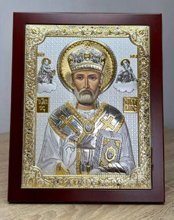 Николай Чудотворец, икона прямоугольная с рамкой, красное дерево 210х260