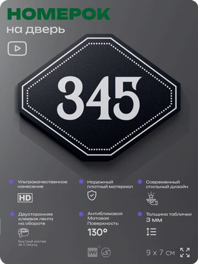 Номерок на дверь квартиры 345, для кабинета, офиса, шильдик 9 х 7 см, черный, Айдентика Технолоджи