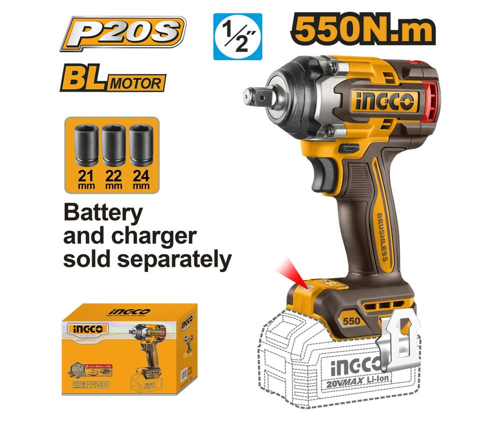 Аккумуляторный бесщеточный ударный гайковерт INGCO CIWLI20551 INDUSTRIAL 20 В 1/2" 550 Нм