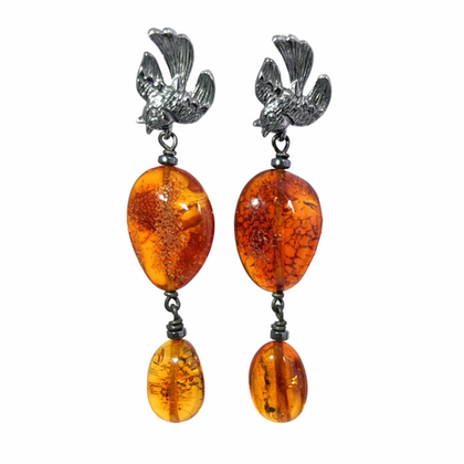 Серьги птички с натуральным янтарём с-5006