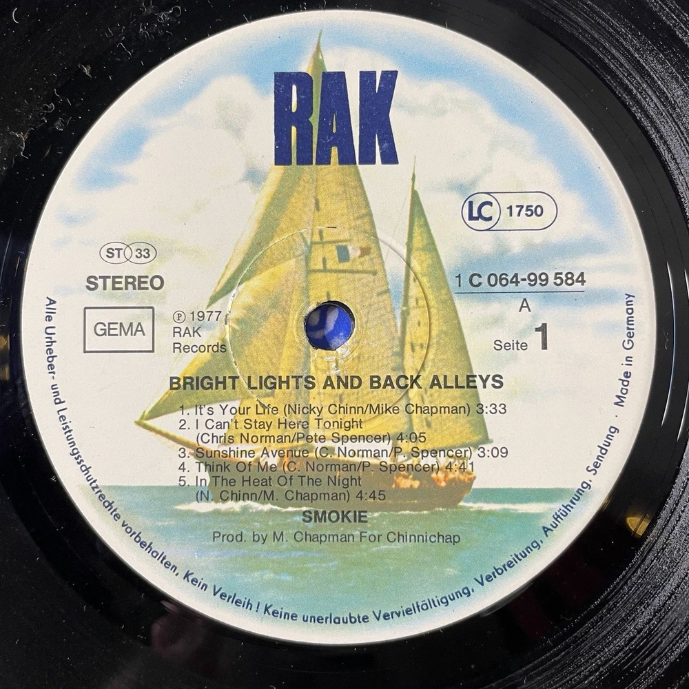 Винтажная виниловая пластинка LP Smokie Bright Lights and Back Alleys (Germany 1977)