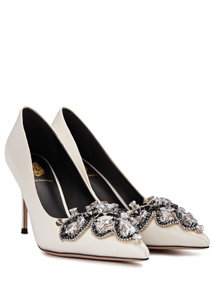 Женские туфли кожаные белые с камнями у носка