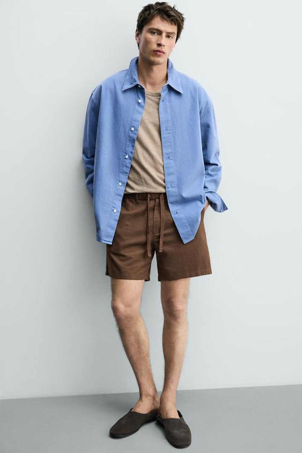 ZARA ШОРТЫ RELAXED FIT ИЗ ХЛОПКА И ЛЬНА, КОРИЧНЕВЫЙ