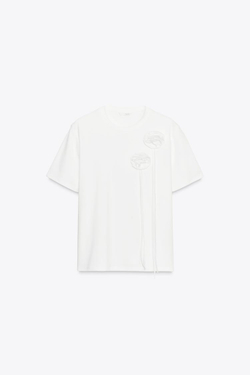 ZARA ФУТБОЛКА С ОБЪЕМНЫМИ ЦВЕТАМИ, БЕЛЫЙ