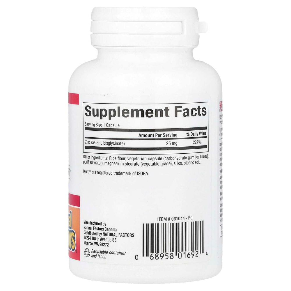Natural Factors, Бисглицинат цинка, 25 мг, 60 вегетарианских капсул