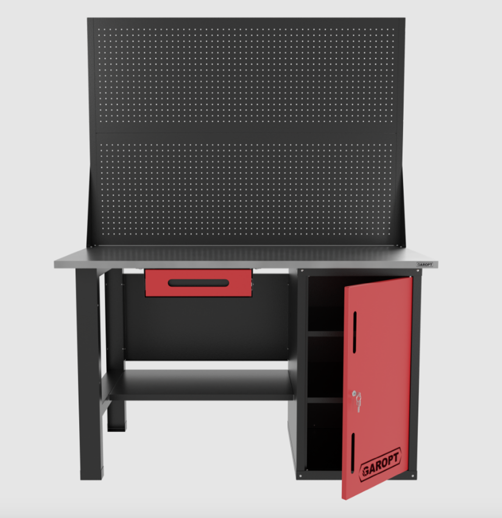 Верстак однотумбовый с ящиком и двумя экранами 1400*700 GAROPT красный, GT1400STDY1PP2.red