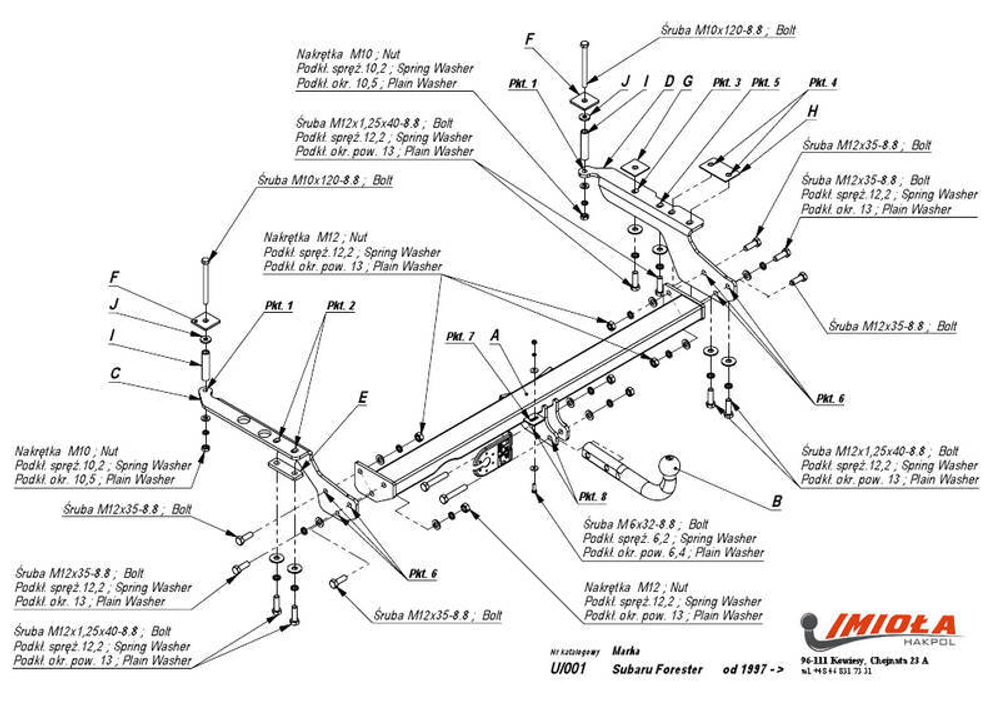 Фаркоп IMIOLA U.001 Subaru Forester 1997- 2008(паспорт и сертификат в комплекте)(без электрики)
