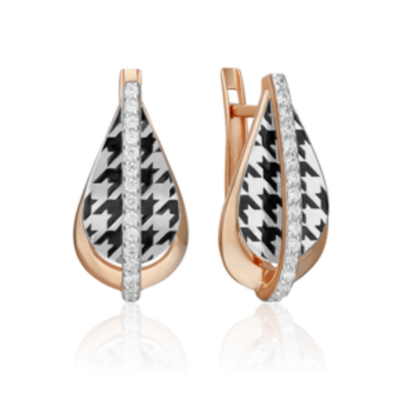 Серьги с принтом «Гусиная лапка» из комбинированного золота c фианитами и эмалью Артикул: 02-5204-00-401-1111