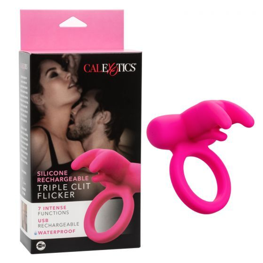 Розовое перезаряжаемое кольцо Silicone Rechargeable Triple Clit Flicker