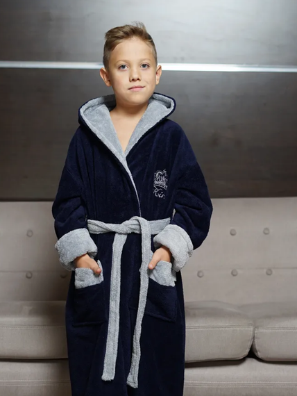 Детский велюровый халат с капюшоном KING синий