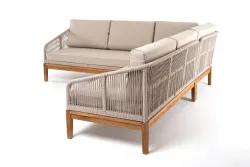 "Канны" диван модульный плетеный из роупа, основание дуб, роуп бежевый круглый, ткань бежевая 052