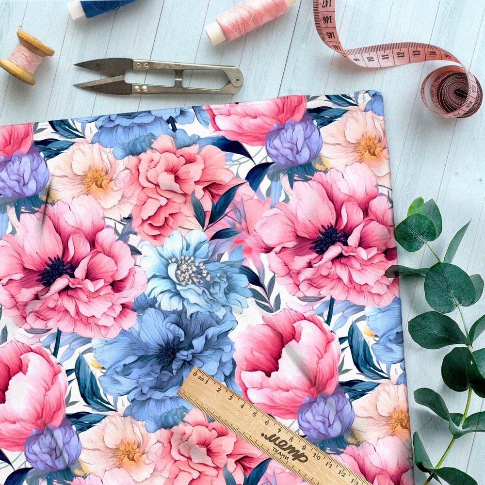 Ткань премиум шифон пионы в вихре