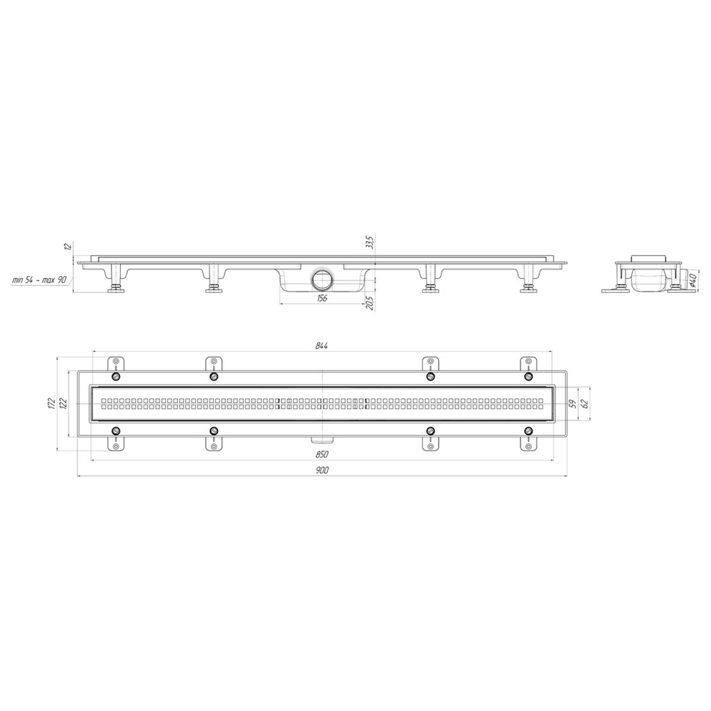 Трап линейный пласт. СУХОЙ 850*62 вып.40мм, стальн. нерж решетка матовая "Риф"  АНИ пласт TLQ1285M