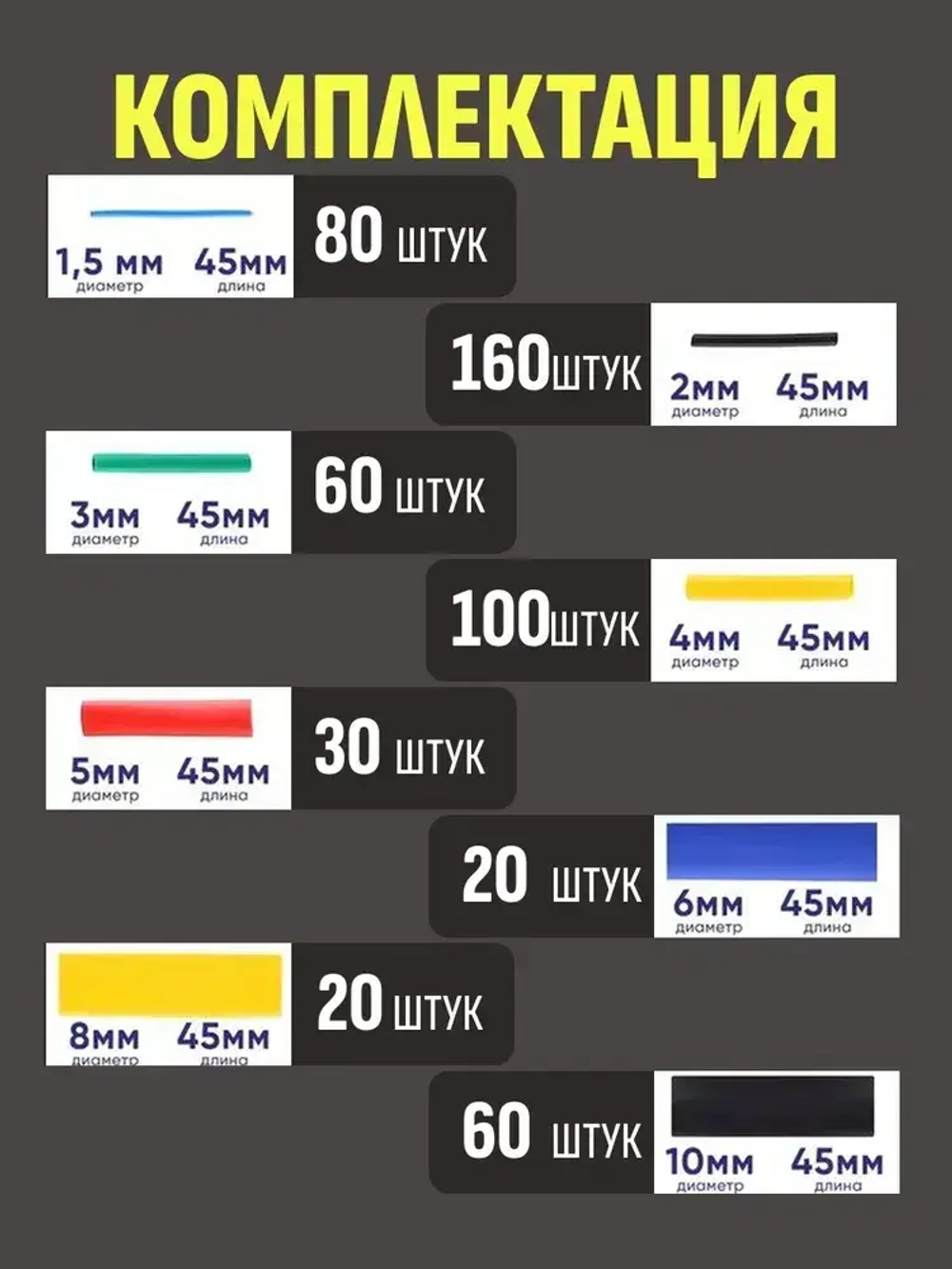 Набор термоусадочных трубок 530 штук (8 размеров)