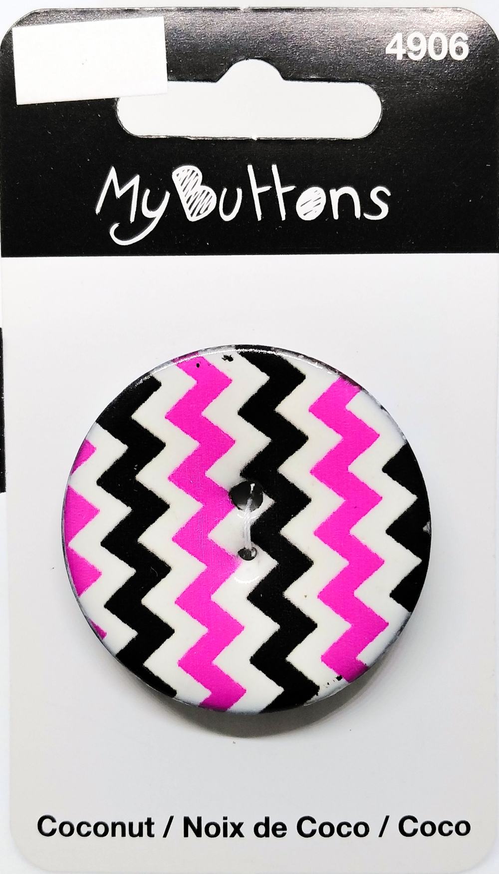 Пуговица №1199 My Buttons - Coconut "Pink * Black Chevron" 34 мм, 1шт (10102081/050515/0003734/05)