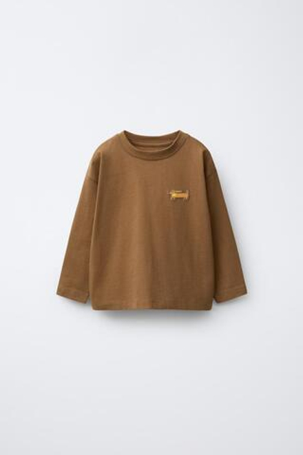 ZARA ФУТБОЛКА С ПРОРЕЗИНЕННЫМ ПРИНТОМ ЖИВОТНОГО, КОРИЧНЕВЫЙ