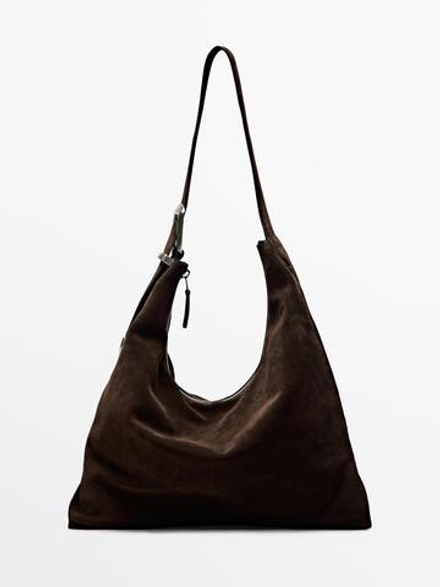 Massimo Dutti Большая замшевая сумка, коричневый